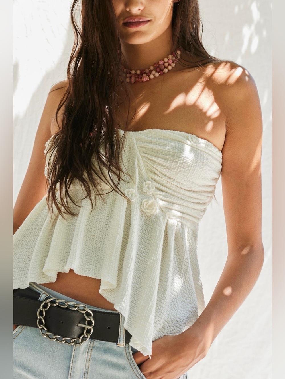 Ivory Textured Strapless Peplum Top